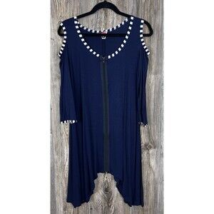 NWT Inside Out Tunic Blouse Blue Cold Shoulder Asymmetrical Hem Full Zip MEDIUM